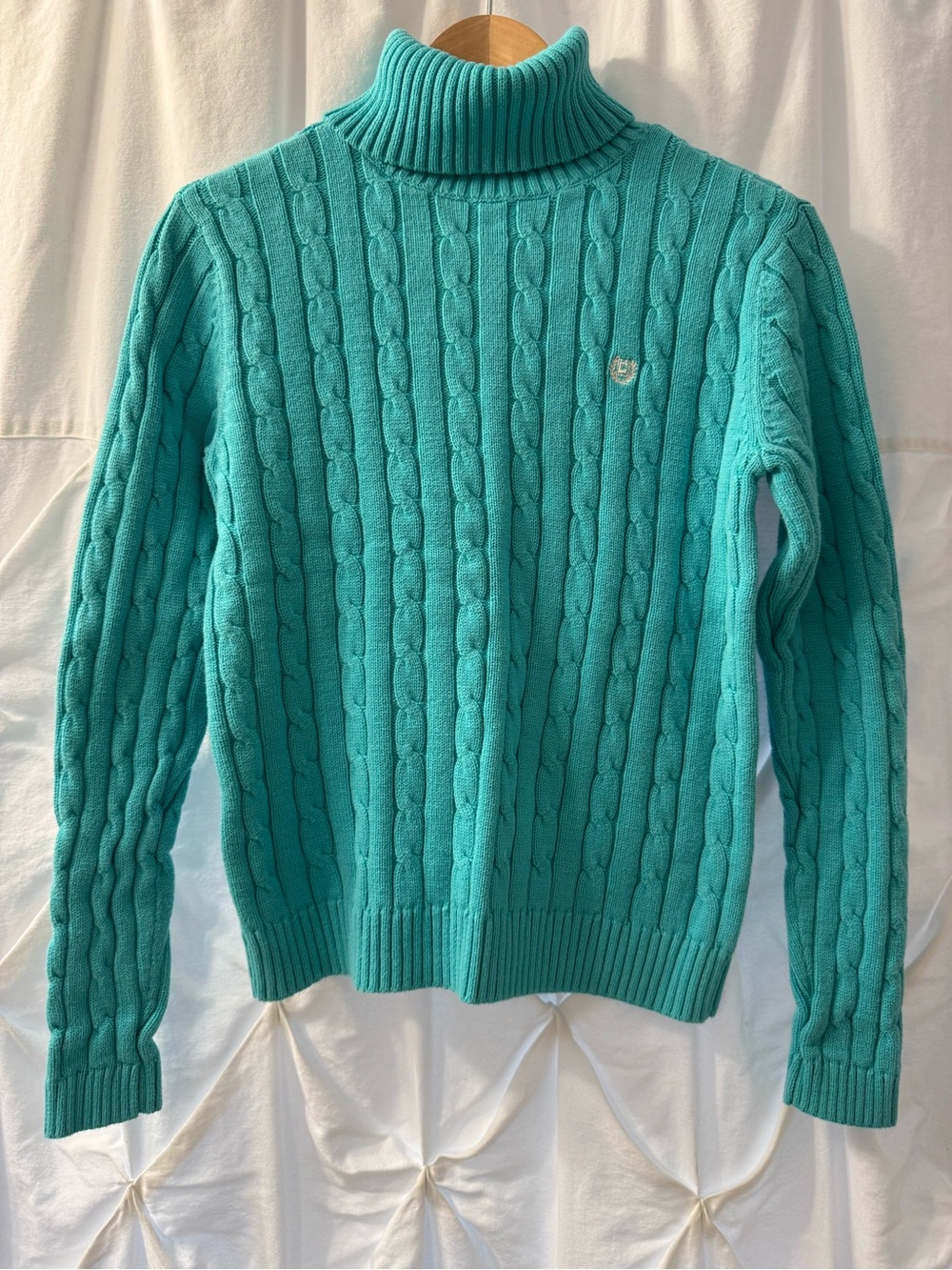 Chaos Turquoise Cable-Knit Turtleneck Sweater, Size Small